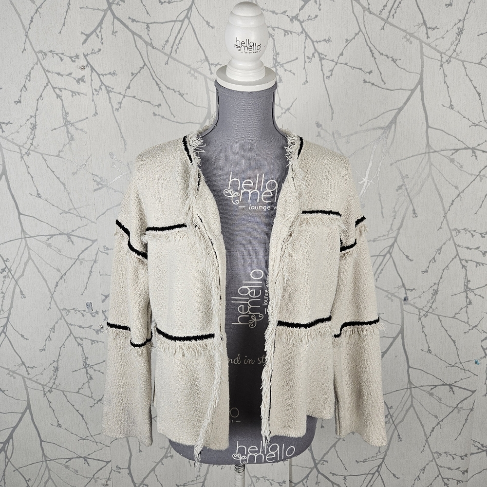 Bimba Y Lola Ivory Terry Knit Stripe Fringe Boxy Open Jacket